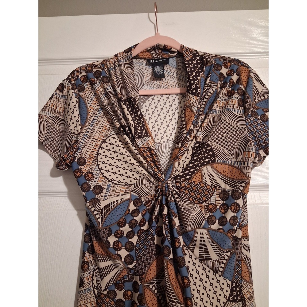 Y2K Geometric Print Knot Front Top M Brown Blue Collared Boho Stretch Blouse - Picture 4 of 9